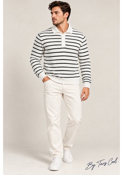 Cool Tarz Erkek Çizgili Polo Yaka Triko Kazak Slim Fit Uzun Kollu Pamuk Akrilik Karışımlı Beyaz Beyaz Cool Tarz Erkek Çizgili Polo Yaka Triko Kazak Slim Fit Uzun Kollu Pamuk Akrilik Karışımlı Beyaz Beyaz