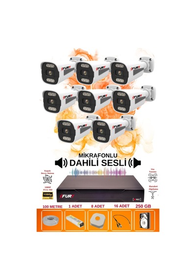 Fury 8 Li Sesli 6 Warm Led Gece Renkli Görüş Su Geçirmez Güvenlik Kamerası Seti 250gb