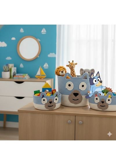 Bluey Orgnizer Sepet Takımı Çocuk Odası Kordon İpten Açık Mavi