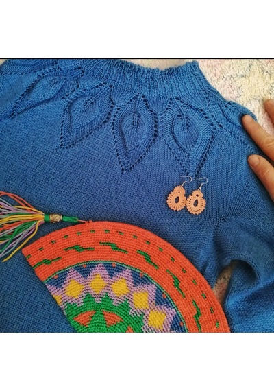 Kemzey Handmade Saks Mavisi Triko Elbise , Örgü Yaprak Desenli Midi Elbise Saks