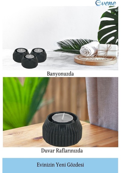 Eskitme Mumluk Şamdan Tealight Mum Uyumlu Çizgili Model - Siyah