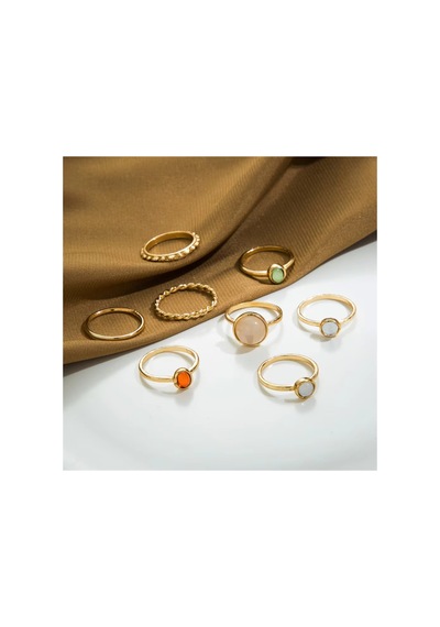 Bliss Gold Altın Renk Kristal Taşlı Şık Modern Bohem 8 Parça Yüzük Seti-14 Şubat Sevgiliye Hediye