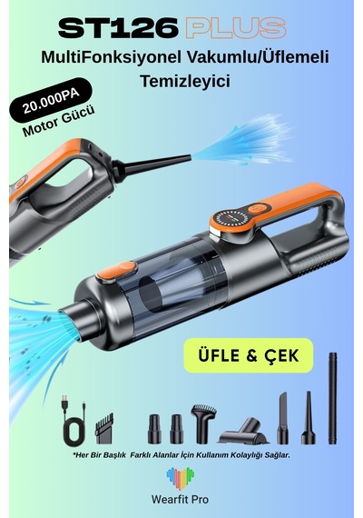 St126plus Işıklı Araç Süpürgesi Kablosuz Yüksek Motorlu Vakum Üfleme 2in1 Metal Filtreli Ve Başlıklı Gri