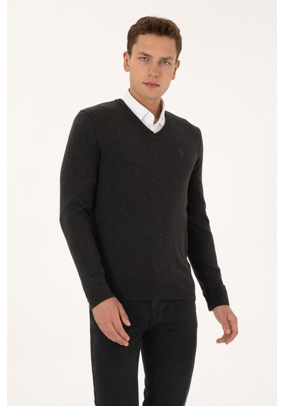 U.S. Polo Assn. Erkek Slim Fit V Yaka Antrasit  Melanj Basic Triko Kazak 50313662-VR081