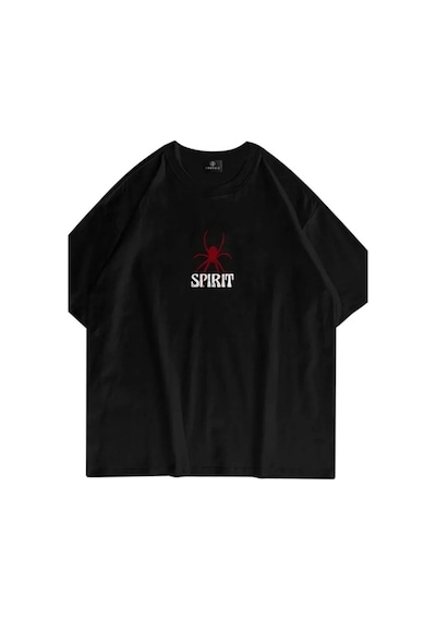 Siyah Oversize Spirit Baskılı Pamuklu Unisex Tshirt Siyah