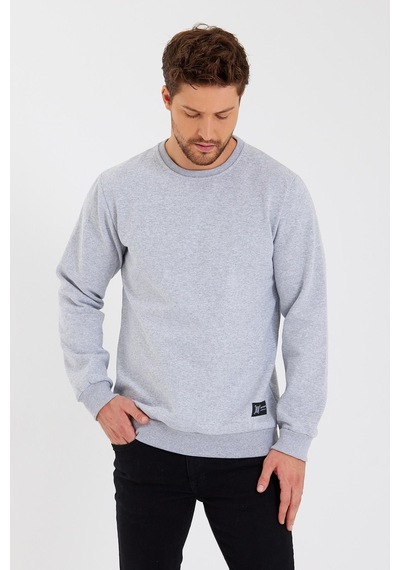 MMetalic Bisiklet Yaka Etiket Detayı İçi Pamuklu Erkek Sweatshirt Gri