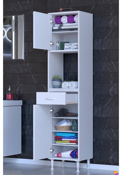 Arda 50 Cm 2 Kapaklı 7 Raflı Ve Çekmeceli Çok Amaçlı Banyo Dolabı 50 Cm