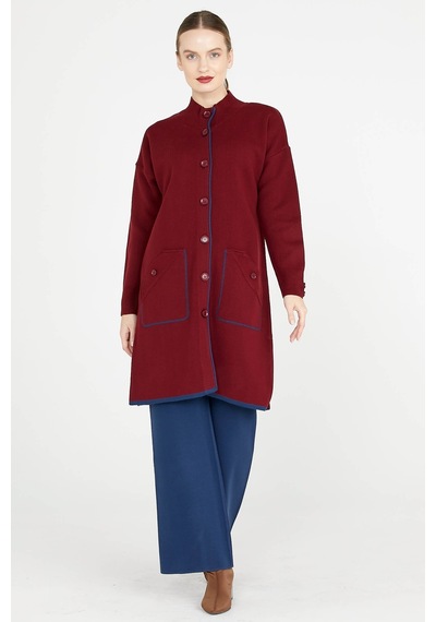 Dik Yaka Cepli Uzun Triko Ceket - Bordo 001