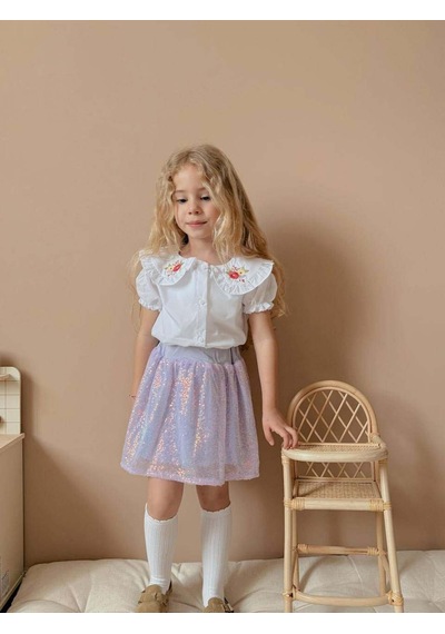 Miniko Kids Kız Çocuk Kısa Kol Gömlekli Pullu Etekli Bayramlık Takım Lila