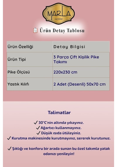 Çift Kişilik Pike Takımı Battal Boy 220x230 Cm Çok Amaçlı Yatak Örtüsü & Battaniye Pudra
