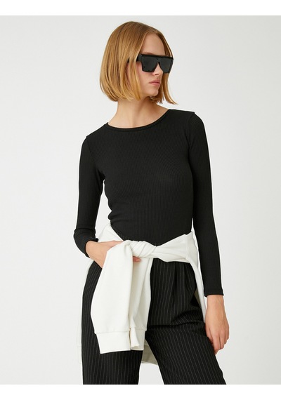 Koton Uzun Kollu Basic Tişört Ribanalı Siyah 3wpk10003ek Siyah