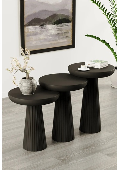 Simillo Wooden Siyah Ahşap 3 Lü Set Fitilli Mantar Yan Sehpa Modern Siyah Renk Fiskos Siyah
