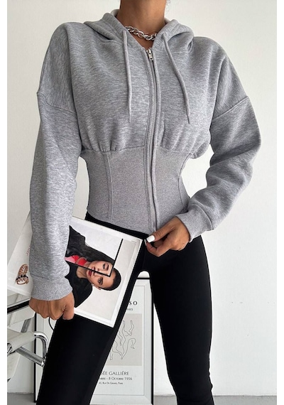 Kadın Siyah Fermuarlı Hoodie Minimal Sokak Ruhuyla Gri