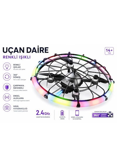 M18 Ufo Dron 4 Eksenli Uçan Araç Daire Renkli Işıklı 2.4 Ghz Uzaktan Kumanda Uygulama İle Kontrol Kameralı Engel Algılama Çarpmaya Dayanıklı 460 Derece Dönüş Tek Tuş İniş Kalkış Başsız Mod Fpv Görüntü