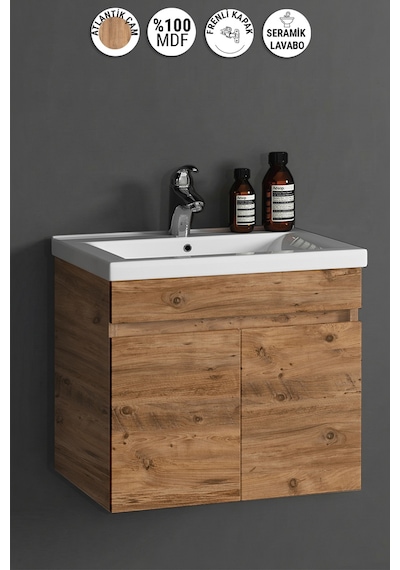 Çiğdem 65 Cm Atlantik Çam Mdf Seramik Lavabolu Asma Banyo Alt Dolabı