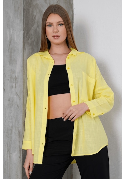Paw Garage Kadın London Keten Tek Cepli Oversize Gömlek, Premium Kalite Keten Gömlek Sarı
