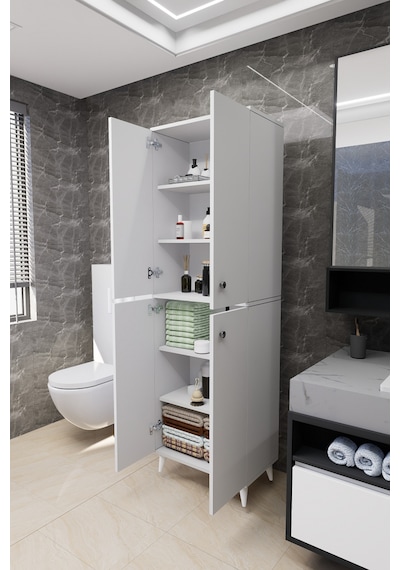 Furex 6 Raflı 2 Kapaklı Çok Amaçlı Banyo Dolabı Beyaz Beyaz