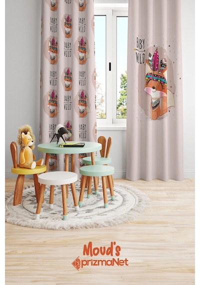 Bebek Tilki Desenli Baskılı Çocuk Ve Bebek Odası Fon Perdesi 2 Kanat - Prd-11 Çok Renkli