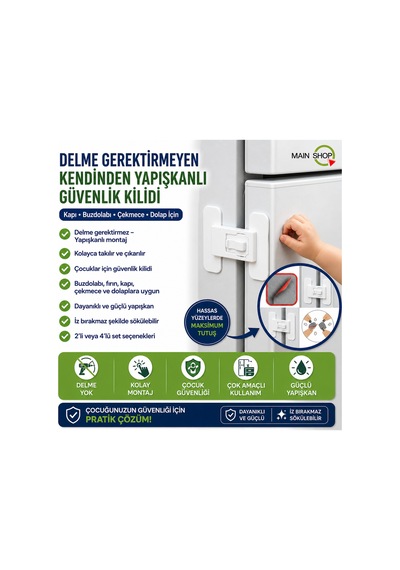 Mainshop 1 Adet Kendinden Yapışkanlı Çocuk Güvenlik Kilidi - Delme Gerektirmeyen Buzdolabı - Çekmece ve Dolap Kilidi M-360 Beyaz