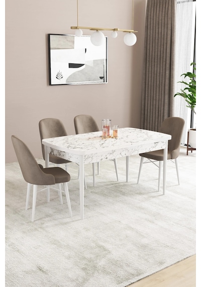 Familieconcept Almira Serisi, Beyaz Mermer Desen 80x132 Açılabilir Mdf Mutfak Masası Takımı 4 Adet Sandalye Cappucino Familieconcept Almira Serisi, Beyaz Mermer Desen 80x132 Açılabilir Mdf Mutfak Masası Takımı 4 Adet Sandalye Cappucino