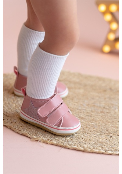 Pembe Simli Yıldızlı Kız Bebek Cırt Cırtlı Patik Yürüme Öcesi-g-2356 Pembe