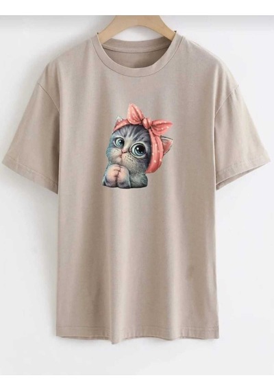 Kozia Outdoors Sevimli Kedi Baskılı Oversize Basic O Yaka Unisex T-shirt Bej