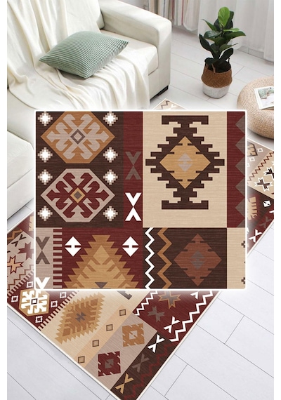 Dijital Baskılı Dekoratif Kaymaz Taban Yıkanabilir Kilim Desen Halı Salon Halısı Yolluk Mutfak Halısı Bordo