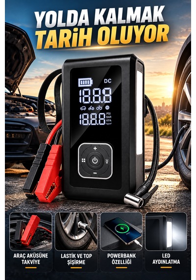 Akü Takviye Cihazı Ve Dijital Lastik Şişirme Kompresörü 10000 Mah 150 Psı 5 Fonksiyonlu Powerbank Led Fener