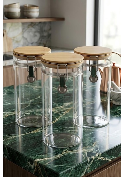 Bambum Mada 1300Ml 20 Cm 3 Lü Kelepçeli Vakumlu Boroslikat Cam Set