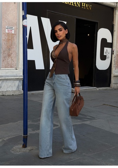 Meecy Kadın Mavi Yüksek Bel Wide Leg Düz Kesim Jean Pantolon Mavi&tint Mavi&Tint
