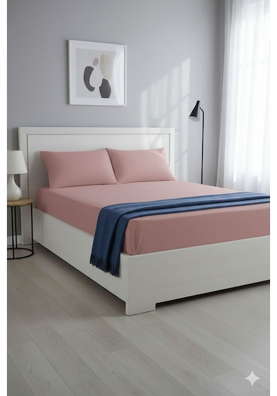 %100 Pamuk Ranforce Premium King Size Lastikli Çarşaf Seti - Pudr Pudra