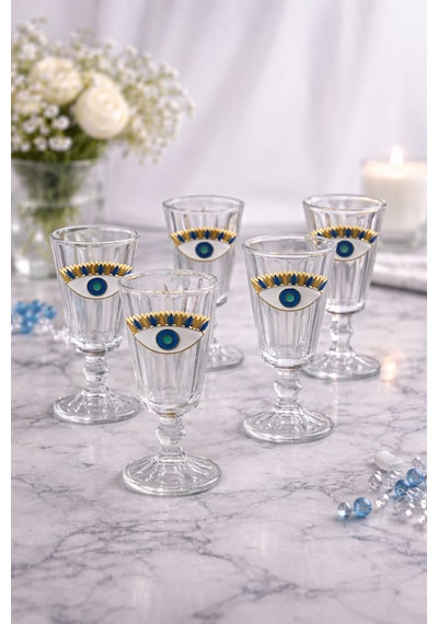 6 Lı Kristal Cam Kahve Yanı Bardağı Nazar Göz Bardak Flüt 75ml Şeffaf