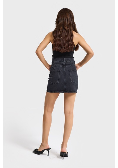 Kadın Koyu Füme Renk 1w5-1 Straight Fit Parlak Taşlı %100 Koton Tasarım Mini Denim Etek