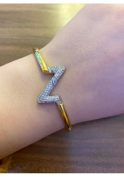 Kadın Gold Renk Taşlı Zikzak Model Çelik Bilezik Gold