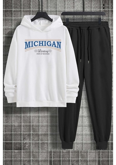 Uyguntarz Unisex Beyaz Kapuşonlu Michigan Baskılı Eşofman Takımı Beyaz-269539