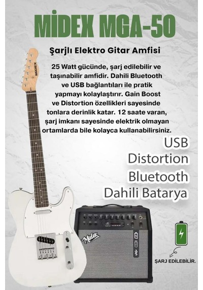 Midex Tlx-50wh-50amp Tele Kasa Gül Klavye 2 Single-coil 50w Amfili Elektro Gitar