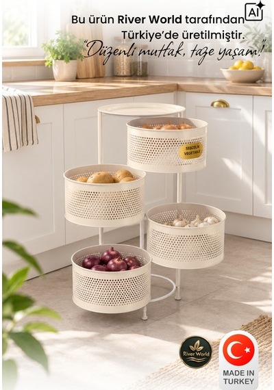 River World Tekerleksiz Rengi Krem Açılabilen 4 Katlı Çok Amaçlı Metal Raf Mutfak, Balkon, Kiler Çok Renkli
