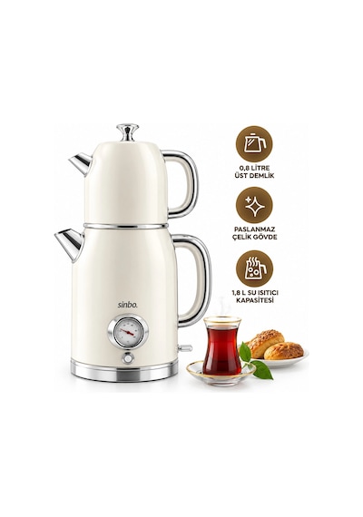 Krem Elektrikli Cam Demlikli Plastik Retro Çay Seti Çaycı Derece Göstergeli 1600w 1.8lt - 1lt Stm-5849 Bx40