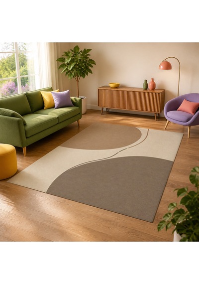 Kartela Halı Denge Soyut Modern Halı Bej Kaymaz Taban Makinede Yıkanabilir Salon Halısı 100x150 Cm