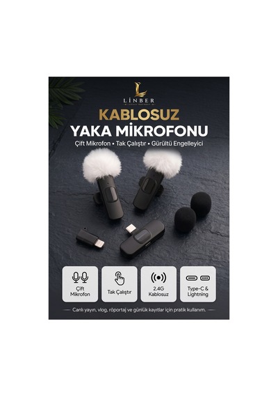 Kablosuz Beyaz Tüylü Siyah Yaka Mikrofonu Type-c Ve İos Girişli 2 Li Set Bluetooth 5.0