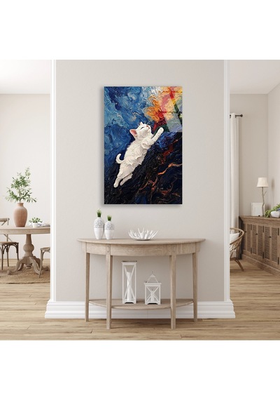 Beyaz Kedi Tırmanıyor - Cam Tablo - Deg1533 70 X 110 Cm