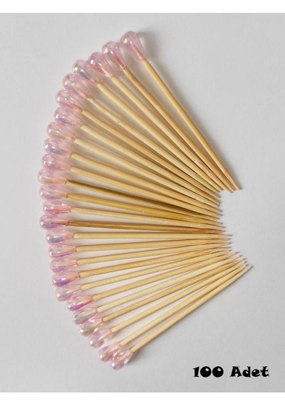 100 Adet Dekoratif Pembe Damla Boncuklu Pasta Kürdanı 6 cm - Boncuk 8 mm - Baby Shower Kürdan