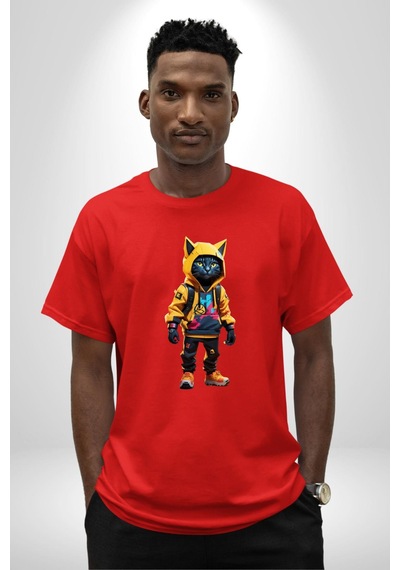 Spor Eşofman Takımı Sarı Kedi İnsan Pamuklu Bisiklet Yaka Unisex Oversize Boyfriend Dijital Baskılı Kırmızı T-shirt Kırmızı