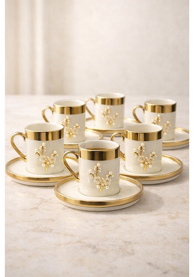 6 Kişilik Lüks Beyaz Gold Yaldızlı İnci Lotus Kahve Fincan Takımı Seti 100ml Altın - Beyaz
