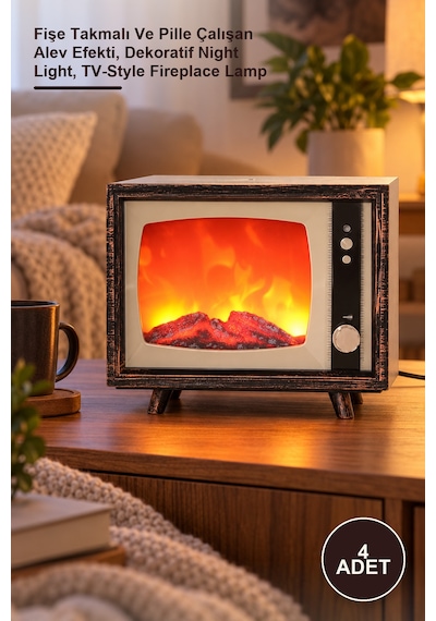4 Adet Tv Tasarımlı Ledli Şömine Lamba Fişe Takmalı Ve Pille Çalışan Alev Efekti, Dekoratif Night Light, Tv-style Fireplace Lamp