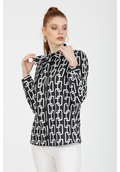 Pera Moda Zincir Desenli Fularlı Bluz Siyah