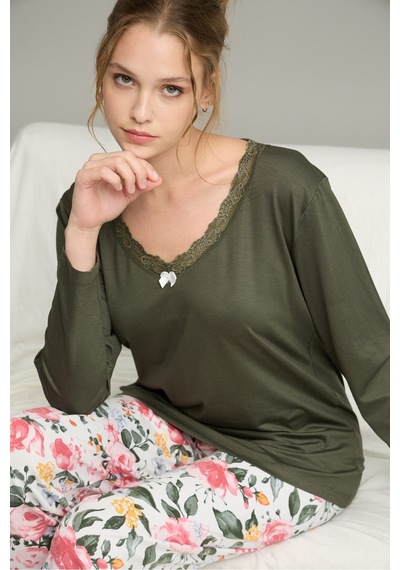 Siyah İnci Örme Pamuklu Pijama Takım25240204 Yeşil
