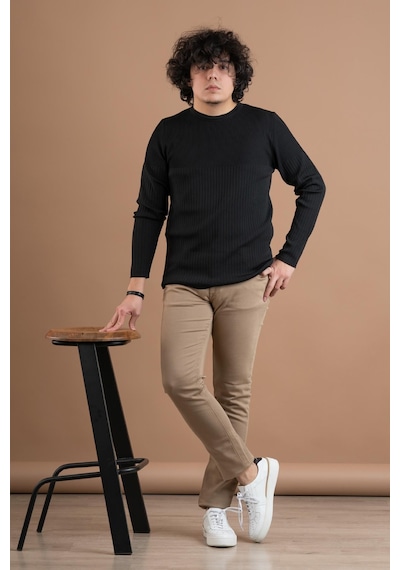 Bisiklet Yaka Likralı Microfilament Kumaş Slimfit Erkek Sweatshirt Siyah