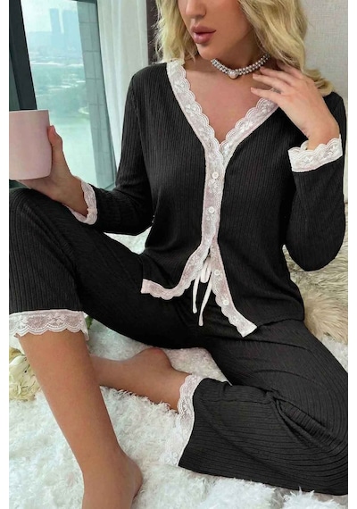 Merry See Ribanalı Dantel Detay İki Parça Pijama Takım Siyah