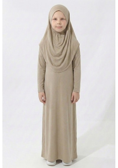 Mnk Baby & Kids Pratik Başörtülü Kız Çocuk Namaz Elbisesi M00789 Kahverengi